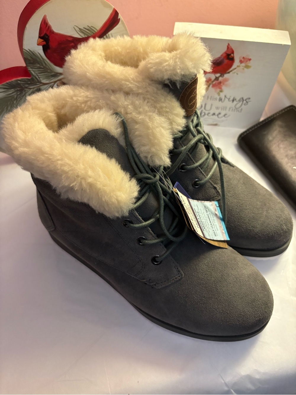 Lamo Gray Faux Fur Collar Lace-Up Winter Boots